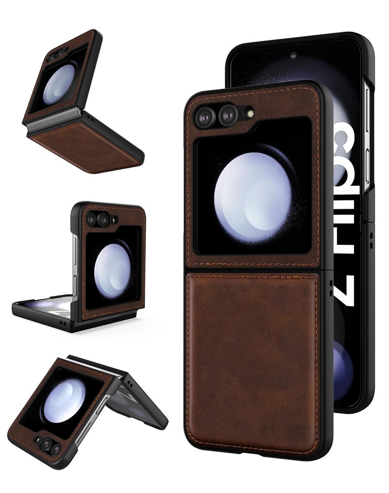 Foluu for Samsung Galaxy Z Flip 5 5G Case, Leather Case, PU Leather + Hard PC Shell Ultra Thin Slim Durable Protective Phone Case Cover for Samsung Galaxy Z Flip5 5G 2023 (Brown) - Image 1