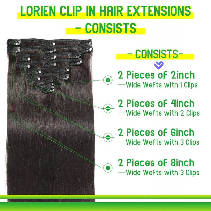 LORIEN Clip in Hair Extensions Real Human Hair, 18 Inch 100g/3.6oz, 1B Natural Black, Clip in 100% Brazilian Remy Human Hair Extensions 8pcs Per Set with 18 Clips Double Weft - Image 3