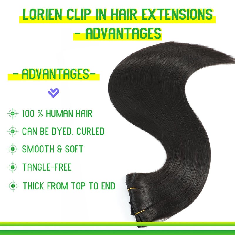 LORIEN Clip in Hair Extensions Real Human Hair, 18 Inch 100g/3.6oz, 1B Natural Black, Clip in 100% Brazilian Remy Human Hair Extensions 8pcs Per Set with 18 Clips Double Weft - Image 2