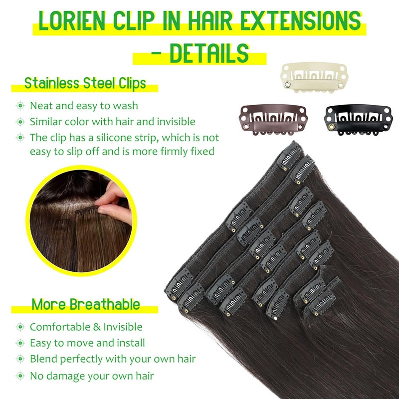 LORIEN Clip in Hair Extensions Real Human Hair, 18 Inch 100g/3.6oz, 1B Natural Black, Clip in 100% Brazilian Remy Human Hair Extensions 8pcs Per Set with 18 Clips Double Weft - Image 4