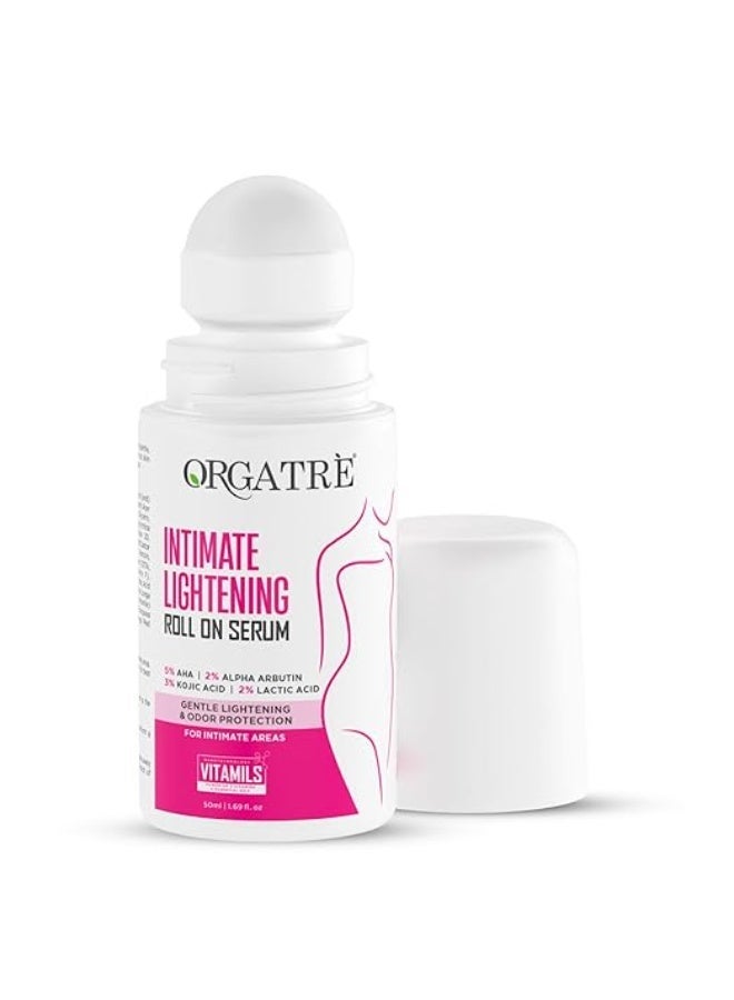 Orgatre Intimate Brightening Roll-On Serum | 5% AHA + 2% Alpha Arbutin 3% Kojic Acid | For Inner Thighs, Knees & Bikini Area | Intimate Areas for Women & Men 50ml - Image 1