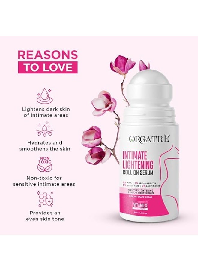 Orgatre Intimate Brightening Roll-On Serum | 5% AHA + 2% Alpha Arbutin 3% Kojic Acid | For Inner Thighs, Knees & Bikini Area | Intimate Areas for Women & Men 50ml - Image 3