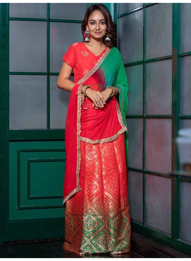 AKS Red and Green Toned Woven Design Lehenga Choli With Dupatta - Image 2