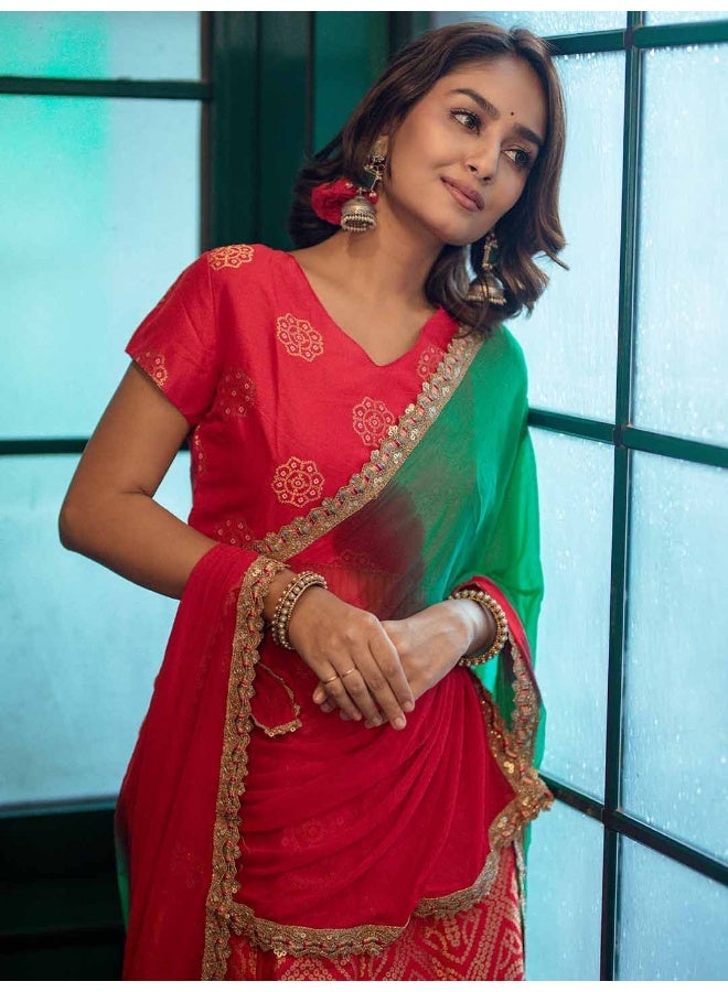 AKS Red and Green Toned Woven Design Lehenga Choli With Dupatta - Image 1