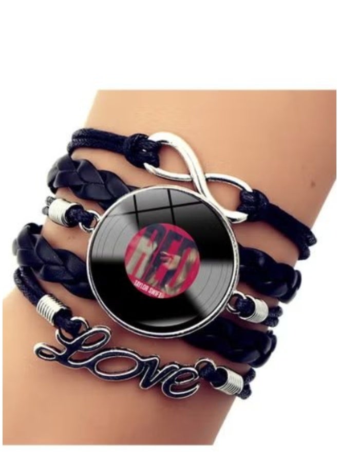 Black Braided Leather Bracelet with Vinyl Record Charm: Retro-Inspired "LOVE" Jewelry