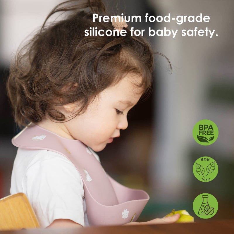 ROCCED Baby Silicone Bibs 2 Sets Baby Bibs with Food Catcher for Girls Boys Toddlers BPA Free Waterproof Soft Durable Adjustable for Babies-Shifting Sand/Pale Mauve - Image 2