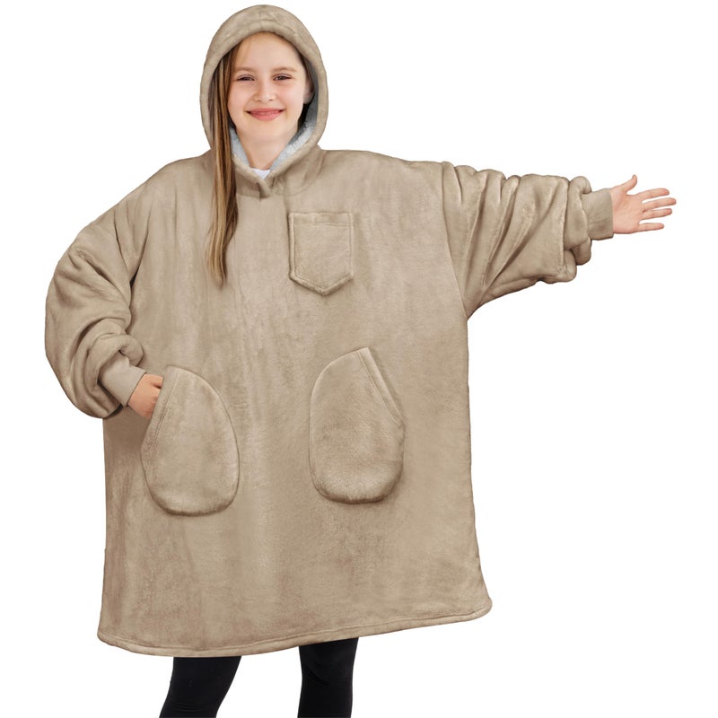 PAVILIA PAVILIA Wearable Blanket Sweatshirt for Kids Boy Girl Taupe Tan  Warm Cozy Giant Blanket Hoodie  Fleece Sherpa Oversized Blanket Sweatshirt with Sleeves  Two Pocket - Image 1