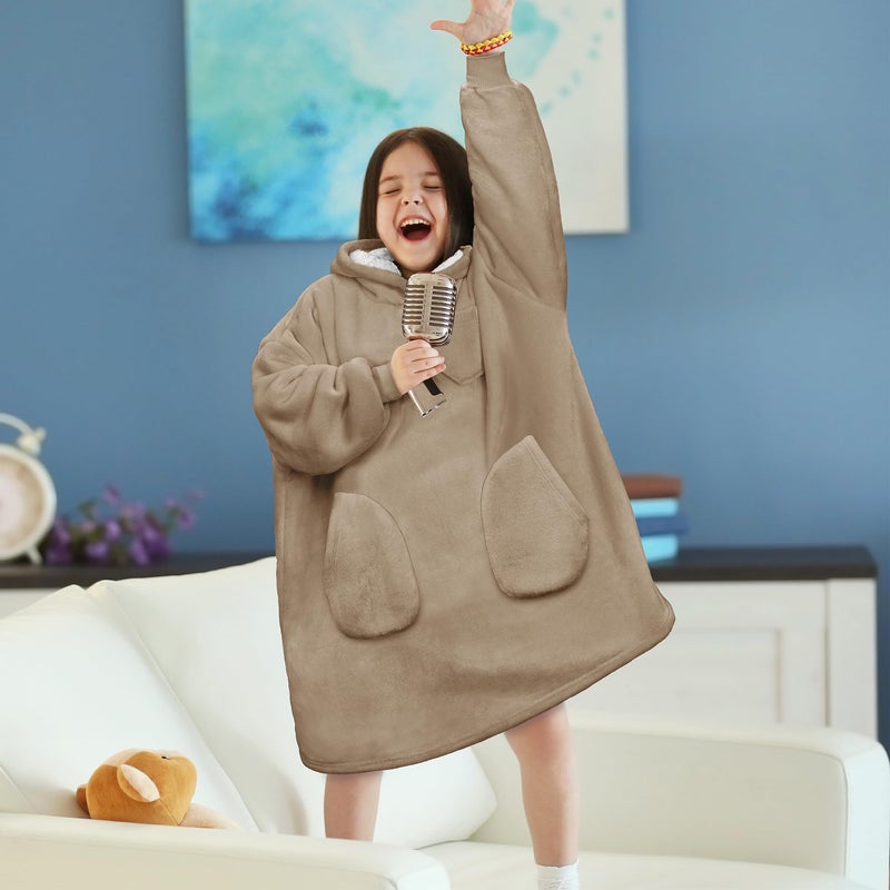 PAVILIA PAVILIA Wearable Blanket Sweatshirt for Kids Boy Girl Taupe Tan  Warm Cozy Giant Blanket Hoodie  Fleece Sherpa Oversized Blanket Sweatshirt with Sleeves  Two Pocket - Image 3
