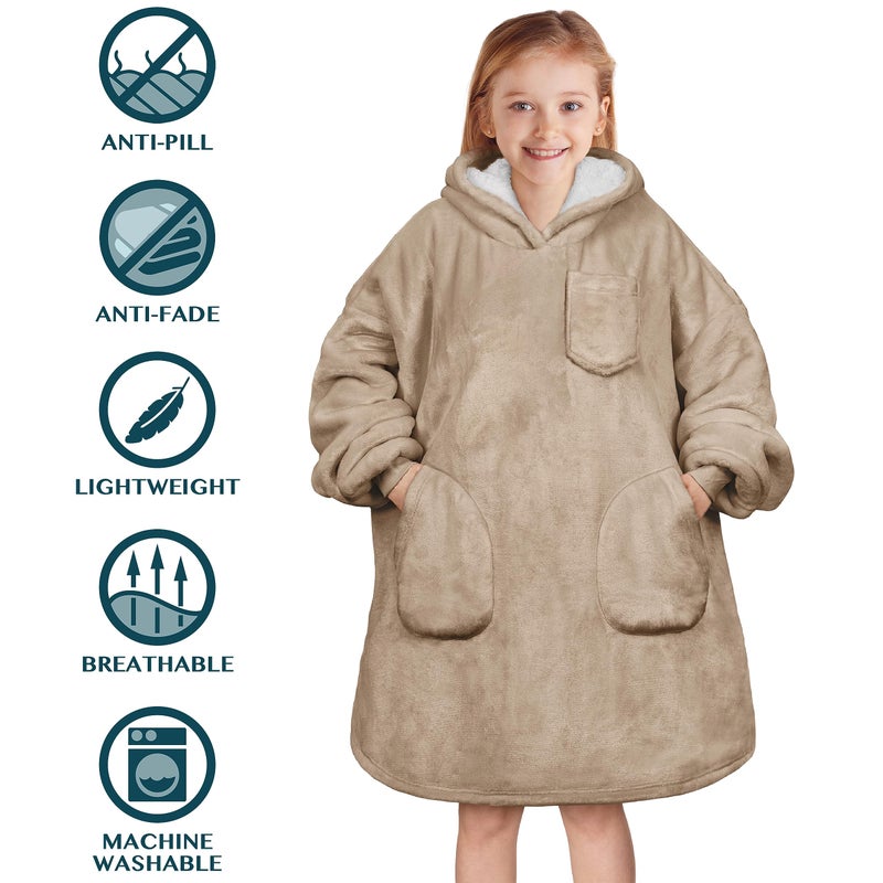 PAVILIA PAVILIA Wearable Blanket Sweatshirt for Kids Boy Girl Taupe Tan  Warm Cozy Giant Blanket Hoodie  Fleece Sherpa Oversized Blanket Sweatshirt with Sleeves  Two Pocket - Image 4