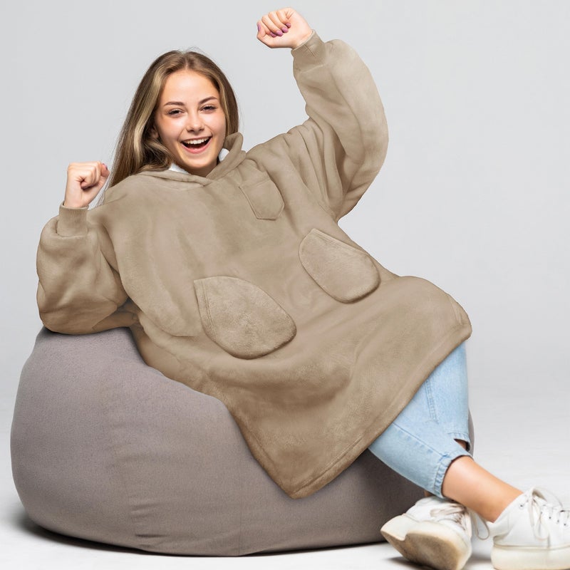 PAVILIA PAVILIA Wearable Blanket Sweatshirt for Kids Boy Girl Taupe Tan  Warm Cozy Giant Blanket Hoodie  Fleece Sherpa Oversized Blanket Sweatshirt with Sleeves  Two Pocket - Image 2