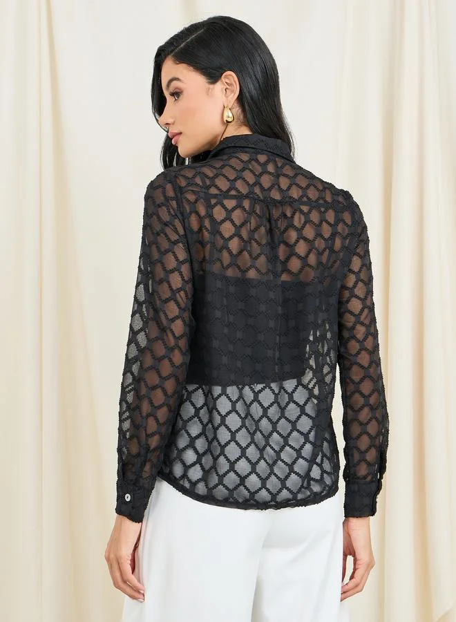 Styli Sheer Jacquard Detail Shirt with Long Sleeves