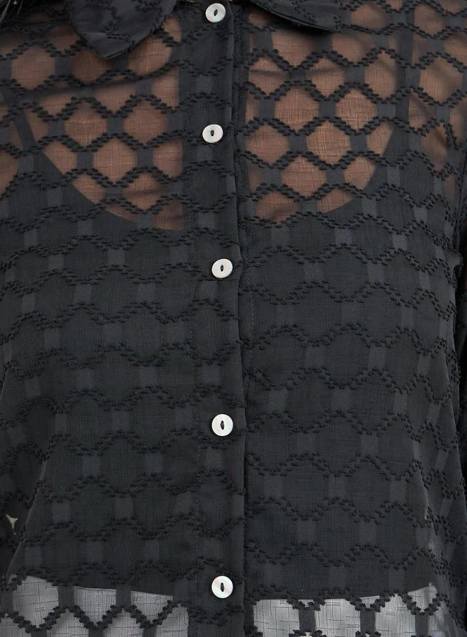 Styli Sheer Jacquard Detail Shirt with Long Sleeves