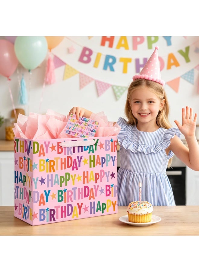 CUNUUDOOL 42cm Large Happy Birthday Gift Bag Set with Greeting Card and Tissue Paper, Colorful Lettering Design for Girls, Kids and Adults Birthday Celebrations. - Image 5