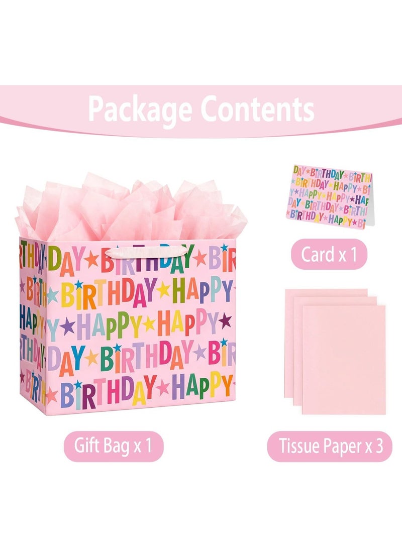 CUNUUDOOL 42cm Large Happy Birthday Gift Bag Set with Greeting Card and Tissue Paper, Colorful Lettering Design for Girls, Kids and Adults Birthday Celebrations. - Image 3