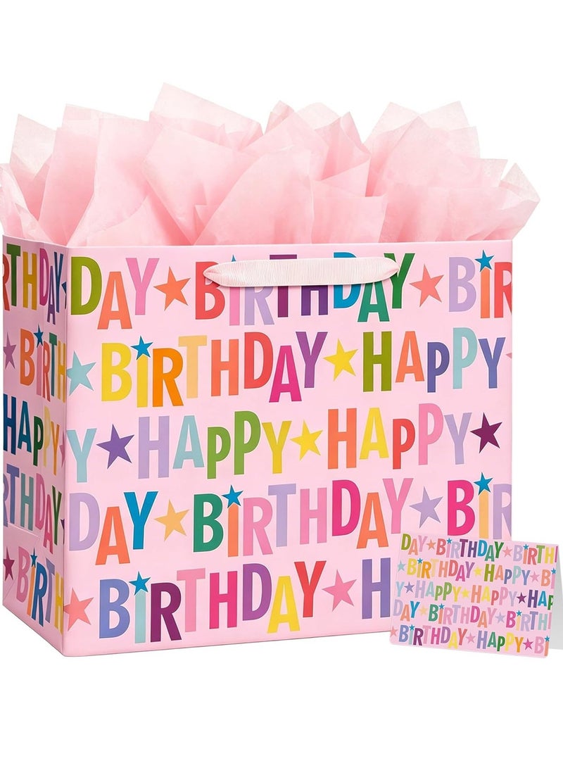 CUNUUDOOL 42cm Large Happy Birthday Gift Bag Set with Greeting Card and Tissue Paper, Colorful Lettering Design for Girls, Kids and Adults Birthday Celebrations. - Image 1