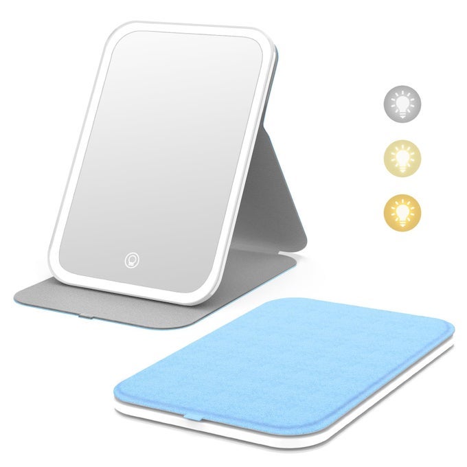 TRAVEL MAKEUP MIRROR PORTABLE LED LIGHTED MAKEUP MIRROR 360 ROTATION TOUCH SCREEN VANITY MIRROR 60 LEDS 3COLOR DIMMABLE LIGHTING RECHARGEABLE TABLETOP FOLDING COSMETIC MIRROR BLUE