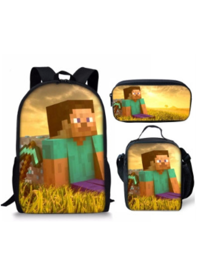 MINECRAFT Digital Printing Large Capacity Backpack Three piece Set Lunch Bag Pen Bag Polyester Comfortable Load Reducing Backpack for Students and Children Unisex  - Image 1