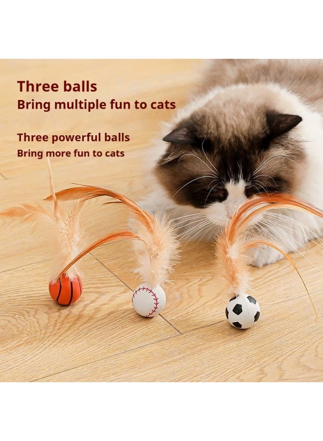 مجموعة كرات مطاطية للقطط عدد 3، لعبة تفاعلية للقطط داخل المنزل، كرات قطط تتحرك بنشاط مع ذيول ريش مطاطية - Image 3