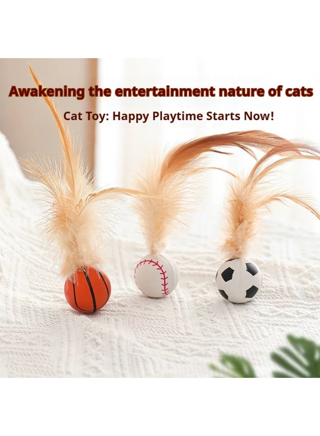مجموعة كرات مطاطية للقطط عدد 3، لعبة تفاعلية للقطط داخل المنزل، كرات قطط تتحرك بنشاط مع ذيول ريش مطاطية - Image 1