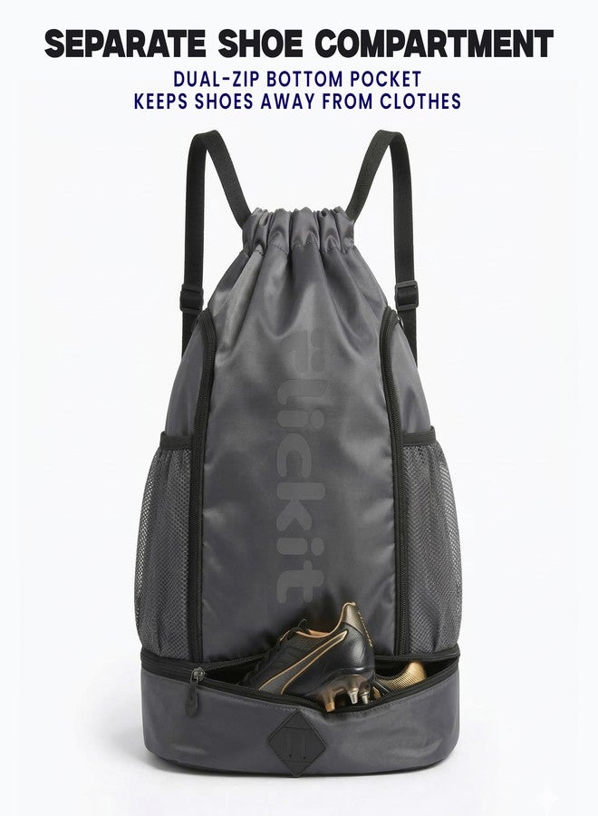 FLICKIT Pro Drawstring Sports Backpack with Shoe Compartment | Waterproof Gym & Football Bag | Mesh Side Pockets | Dual Zip Storage - Image 2