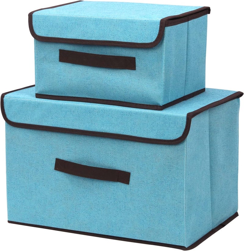 سوبيت مجموعة المكونة من 3 صناديق تخزين قابلة للطي من الكتان الأزرق مع أغطية، صندوق تخزين قماشي كبير قابل للطي، حاويات تخزين قابلة للتكديس ومنظمات خزانة لتخزين المنزل والمكتب - Image 1