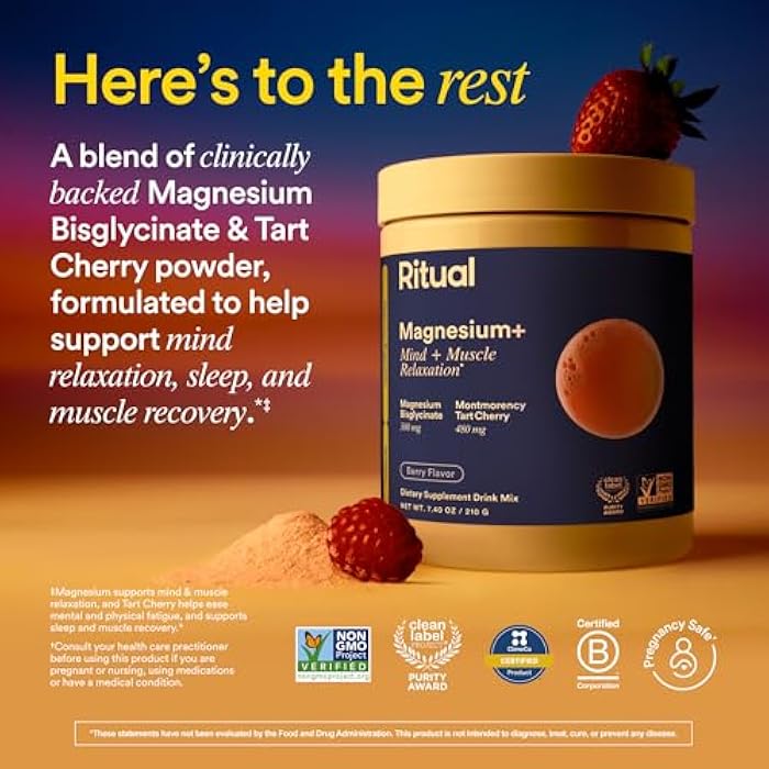Ritual Magnesium+ Glycinate Drink Mix Supplement - with Tart Cherry to Support Calm, Sleep, Mind, Muscle Relaxation, Recovery and Cramping Relief** - Vegan - Sugar-Free - Berry - 30 Servings - Image 2