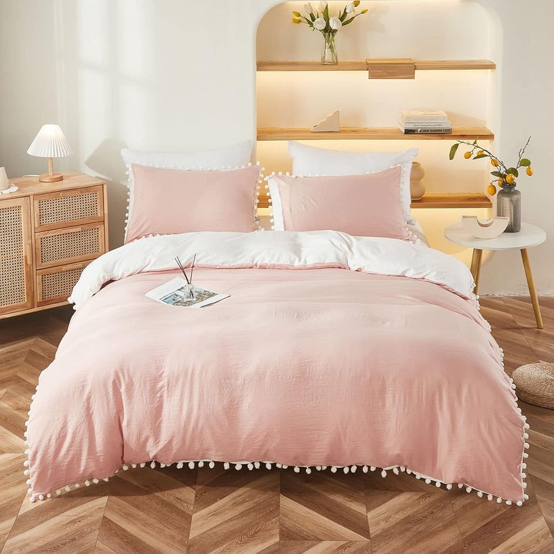 Bedbay Pink Comforter Set King Pink Bedding Set for Girls Teen Adults Cute Pom Pom Fringed White and Pink 3 Pcs Reversible King Size Bedding Soft Fluffy Comforter Sets(White&Pink,King) - Image 2