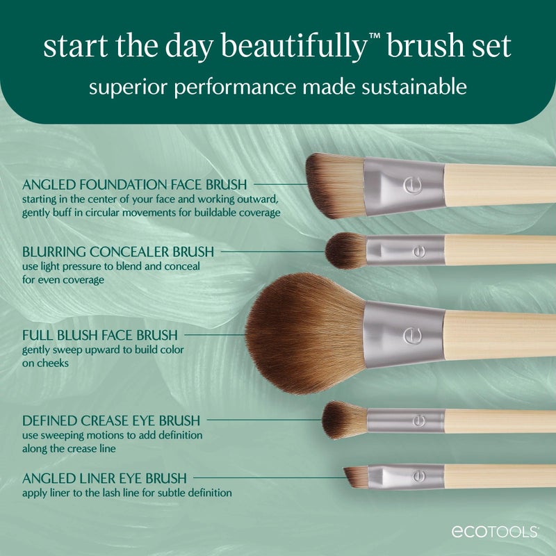EcoTools Makeup Brush Set for Eyeshadow, Foundation, Blush, and Concealer with Bonus Storage Case, Start the Day Beautifully, Travel Friendly, 6 Piece Set - Image 2