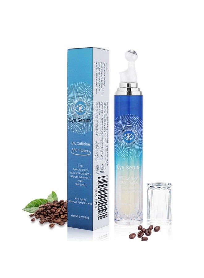 بامينفي مصل العين بالكافيين 5% مع كرة دوارة للتدليك بزاوية 360 درجة، كريم العين بالكافيين للهالات السوداء والتجاعيد والانتفاخات والخطوط الدقيقة تحت كريم علاج أكياس العين للنساء والرجال - Image 1