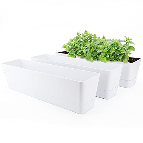 GREANER Window Boxes Planters, 3PCS 16x3.8 Inch Large Herb Planters with Tray, Indoor Succulent Cactus Flowers Vegetable Plastic Rectangle Pots for Balcony, Office, Garden, Outdoor, Windowsill (White) - Image 1
