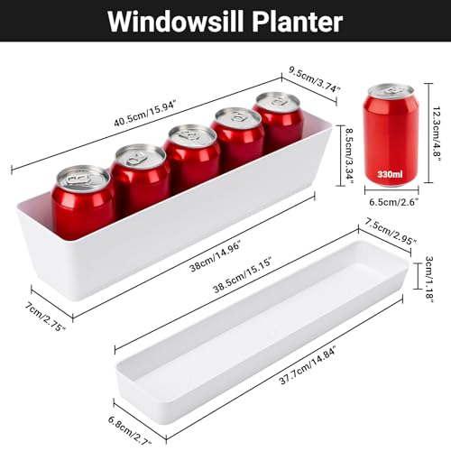 GREANER Window Boxes Planters, 3PCS 16x3.8 Inch Large Herb Planters with Tray, Indoor Succulent Cactus Flowers Vegetable Plastic Rectangle Pots for Balcony, Office, Garden, Outdoor, Windowsill (White) - Image 2