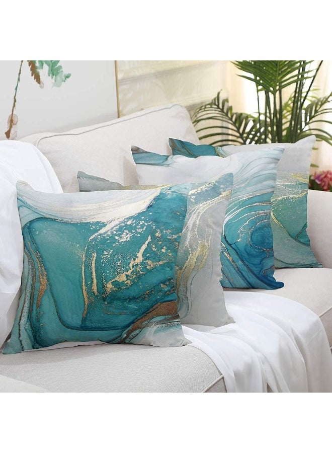 GALMAXS7 Marble Texture Turquoise and Gold Silver Decorative Throw Pillow Covers Luxury Abstract Fluid Art Ink Soft Velvet Pillow Case Square Cushion Covers for Couch Sofa 20 x 20 Inch Set of 4  - Image 2