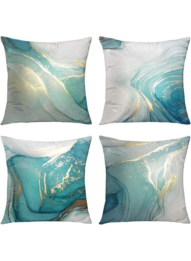 GALMAXS7 Marble Texture Turquoise and Gold Silver Decorative Throw Pillow Covers Luxury Abstract Fluid Art Ink Soft Velvet Pillow Case Square Cushion Covers for Couch Sofa 20 x 20 Inch Set of 4  - Image 1