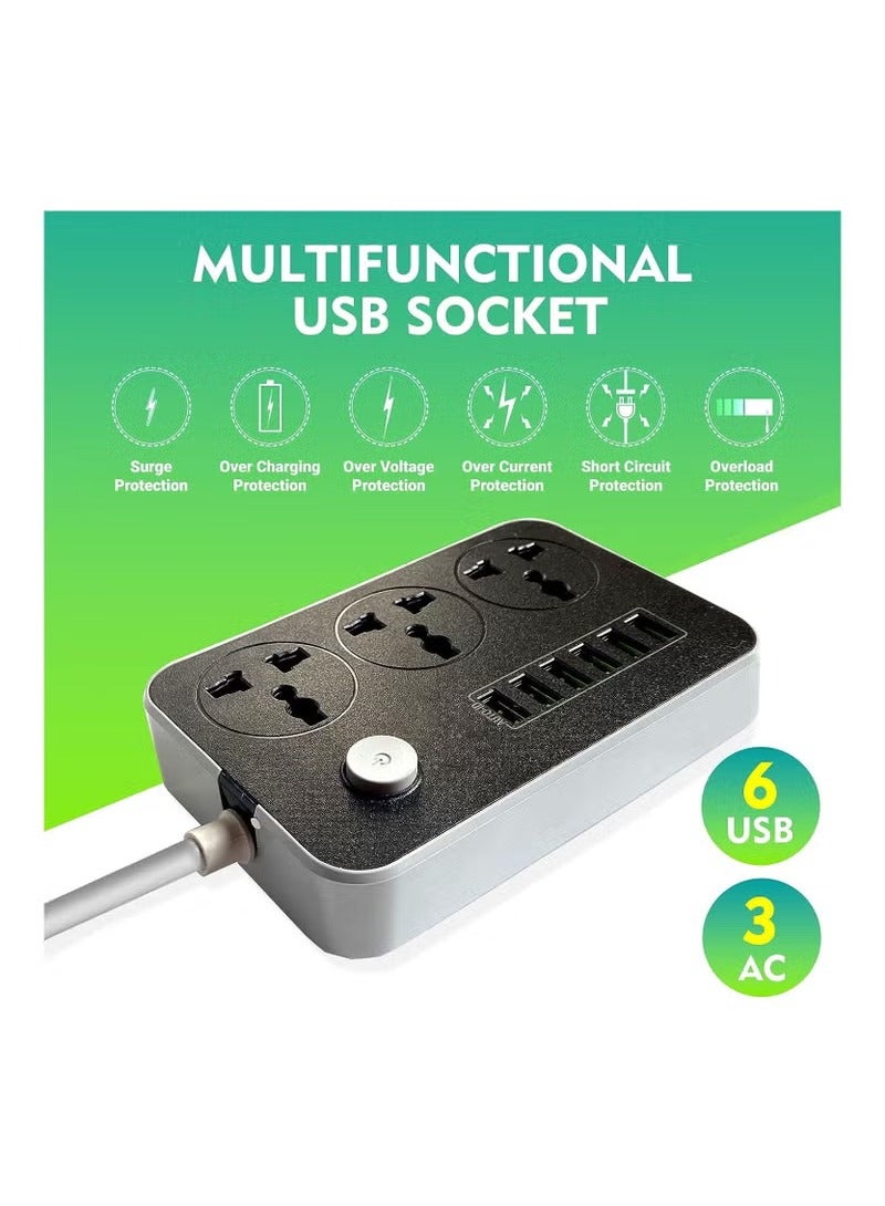 Extension Cord 3 Outlets Power Socket with 6 USB Ports Universal Charging Socket with 2M Bold Extension Cord - Image 1