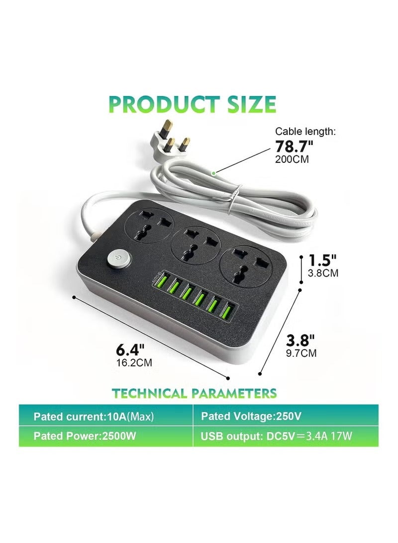 Extension Cord 3 Outlets Power Socket with 6 USB Ports Universal Charging Socket with 2M Bold Extension Cord - Image 2