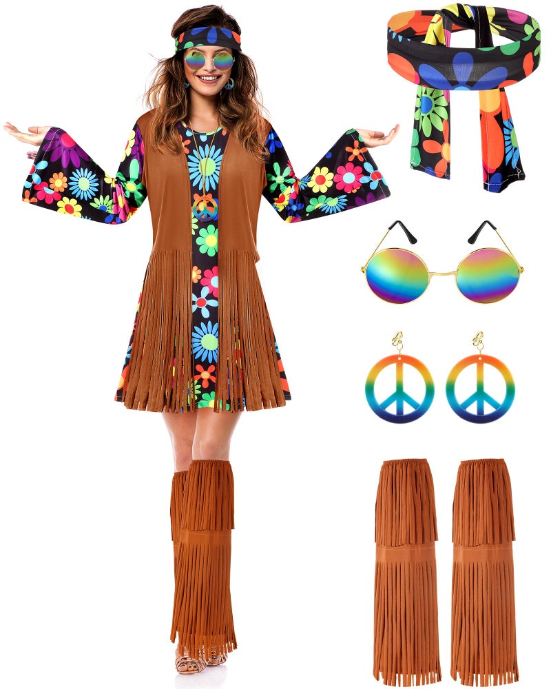 SATINIOR Halloween Hippie Costume Set Women 60s 70s Disco Outfits Party Dress Accessories for Adult(XL) - Image 1