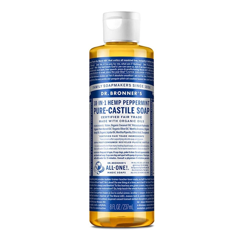 Dr. Bronner's صابون سائل دكتور برونر النقي من زيت الزيتون بنكهة النعناع 8 أونصات مصنوع من زيوت عضوية 18 في 1 للاستخدامات الوجه والجسم والشعر والغسيل والحيوانات الأليفة والأطباق مركز نباتي غير معدل وراثيًا