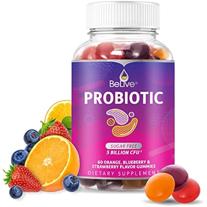 BeLive Probiotic Gummies - Probiotics with 5 Billion CFUs for Digestive Health, Men, Women & Kids - for Immune Support, Sugar Free & Vegan | 60 Ct – Blueberry, Strawberry & Orange - Image 1