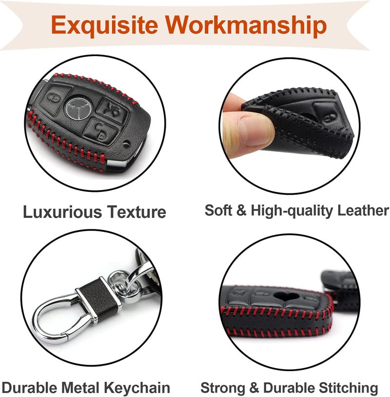 Koaudb Leather Car Key Fob Cover for Mercedes Benz with Red Stitches - 3 Buttons - Image 5