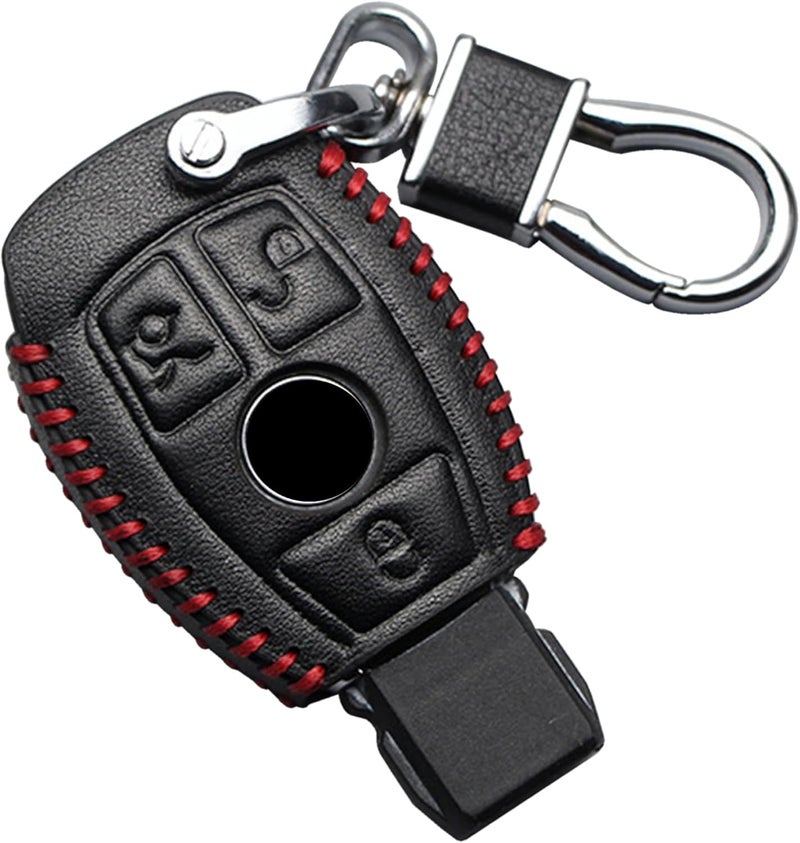 Koaudb Leather Car Key Fob Cover for Mercedes Benz with Red Stitches - 3 Buttons - Image 1
