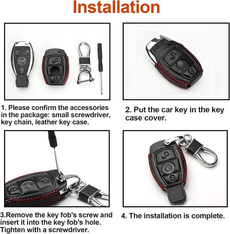 Koaudb Leather Car Key Fob Cover for Mercedes Benz with Red Stitches - 3 Buttons - Image 4