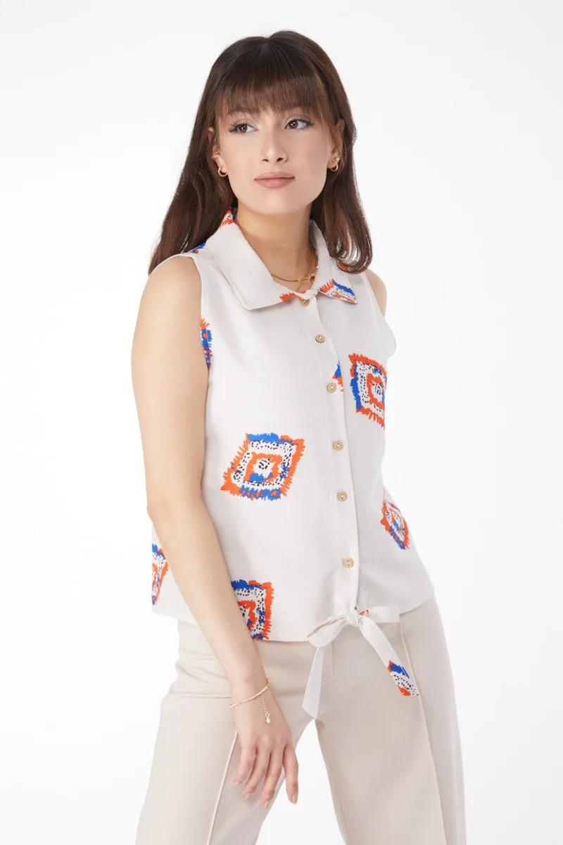 Tofisa Plain Shirt Collar Women's Orange Tied Hem Patterned Shirt - 13150