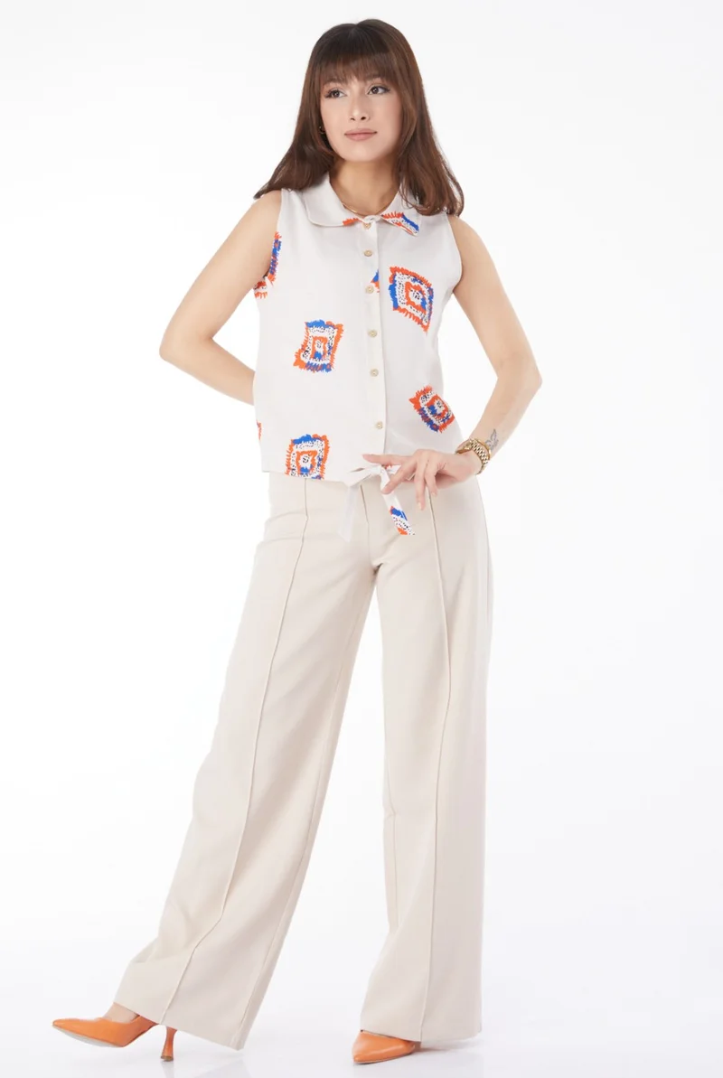 Tofisa Plain Shirt Collar Women's Orange Tied Hem Patterned Shirt - 13150