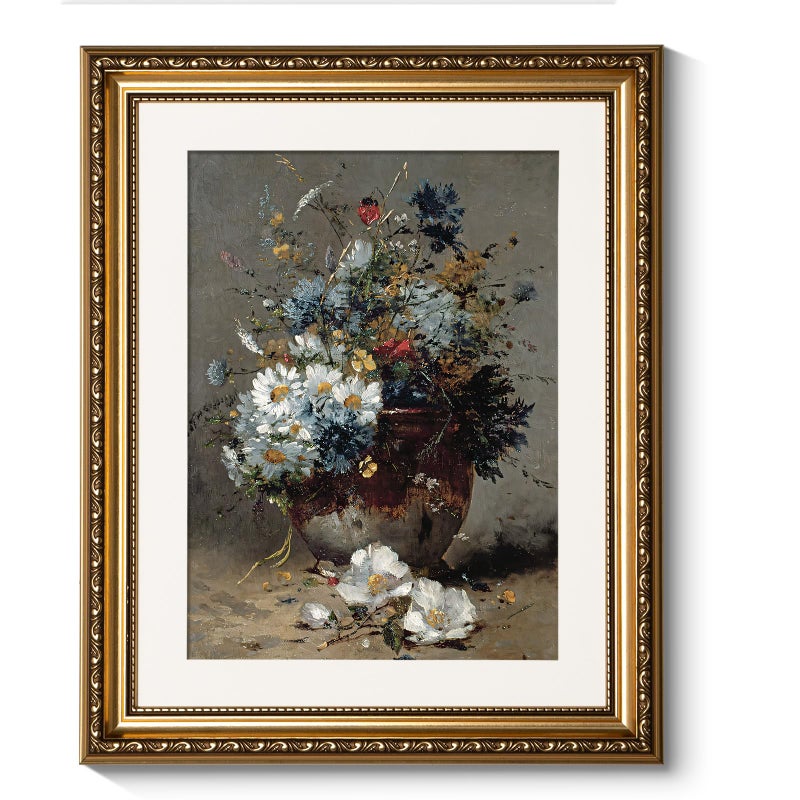 ARPEOTCY Vintage Gold Framed Daisies Wall Art, Bedroom Bathroom Living Room Retro Floral Picture Wall Decor, Canvas Prints, Antique Picture Frame Still Life Paintings Home Farmhouse Decor, 13x16 Inch - Image 1