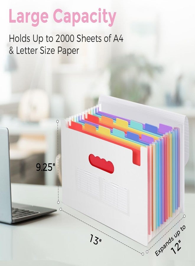 SKYDUE Accordion File Organizer, 12 Pockets File Folders, Letter Size Expanding File Folder with Colored Tabs and Expandable Cover White - Image 2