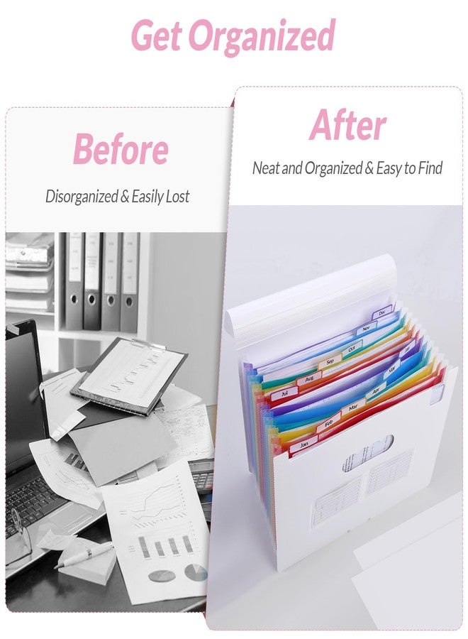 SKYDUE Accordion File Organizer, 12 Pockets File Folders, Letter Size Expanding File Folder with Colored Tabs and Expandable Cover White - Image 4