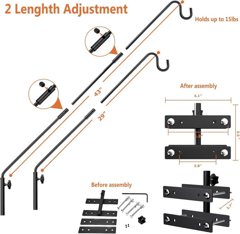 IVOODi Heavy Duty Deck Hook-Deck Railing Plant Hanger, 29 to 43 Inch Extended Bird Feeder Hanger W/Double Clamps,Versatile Deck Shepherd Hook for Hanging Bird Feeders,Lanterns,Planters etc. - Image 5