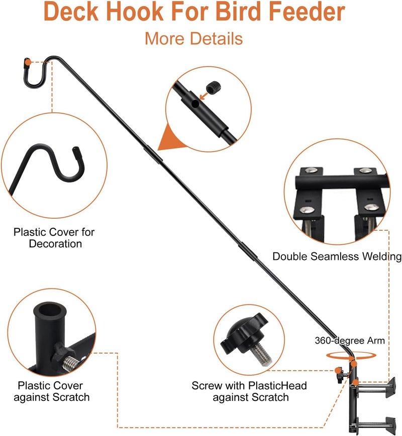 IVOODi Heavy Duty Deck Hook-Deck Railing Plant Hanger, 29 to 43 Inch Extended Bird Feeder Hanger W/Double Clamps,Versatile Deck Shepherd Hook for Hanging Bird Feeders,Lanterns,Planters etc. - Image 3