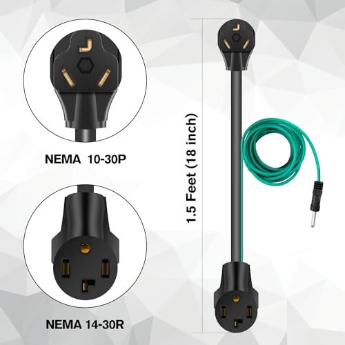 WELLUCK 1.5 FT 4 Prong to 3 Prong Dryer Adapter, 30 Amp Dryer Outlet Plug Power Cord, NEMA 10-30P Male to 14-30R Female Three Prong Converter, 250V 3prone Old Clothes Dryer Connector w/Ground Wire - Image 4