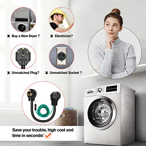 WELLUCK 1.5 FT 4 Prong to 3 Prong Dryer Adapter, 30 Amp Dryer Outlet Plug Power Cord, NEMA 10-30P Male to 14-30R Female Three Prong Converter, 250V 3prone Old Clothes Dryer Connector w/Ground Wire - Image 3